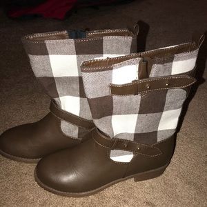 Brown and white plaid boots